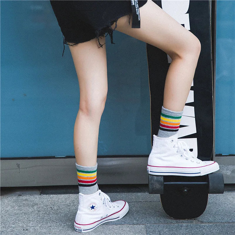 Women Socks Cotton skateboard Cute Women's Long Socks Candy Color Rainbow Striped Socks Sporty Meias Woman Vintage Harajuku Sock