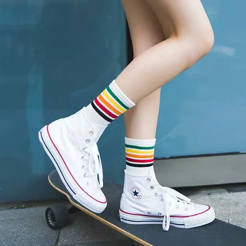 Women Socks Cotton skateboard Cute Women's Long Socks Candy Color Rainbow Striped Socks Sporty Meias Woman Vintage Harajuku Sock