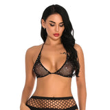 Women Shiny Rhinestone Bra Halter Fishnet Triangle Bikini Tops Hot Sexy Lingerie Transparent Sheer Mesh Bralette Erotic Crop Top