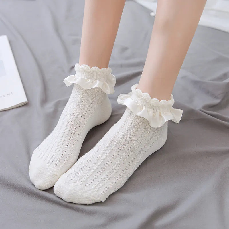 Sweet Socks Women’s Ruffle Socks With Frill Black White Kawaii Cotton Lace Socks Low Cut Socks Cartoon Sweet Girls Hosiery