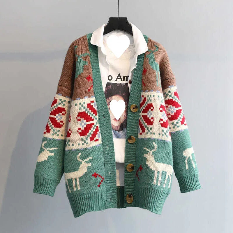 Cardigan Sweater Women Merry Christmas Elk Knitted Oversize Casual Tops Office Lady Long Sleeve Jumpers X-Mas Clothes Size S-3XL