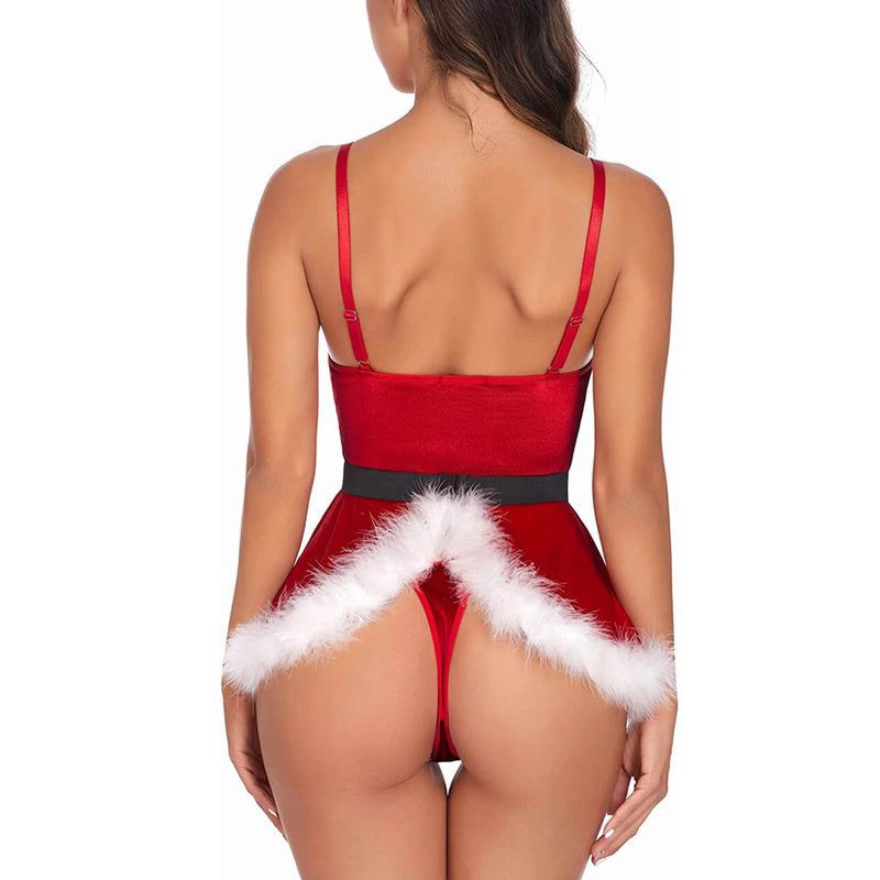 Womens Christmas Lingerie Teddy Babydoll Chemise Sleepwear Sexy Santa Clause Mini Dress Bodysuit with Belt for Holiday Party