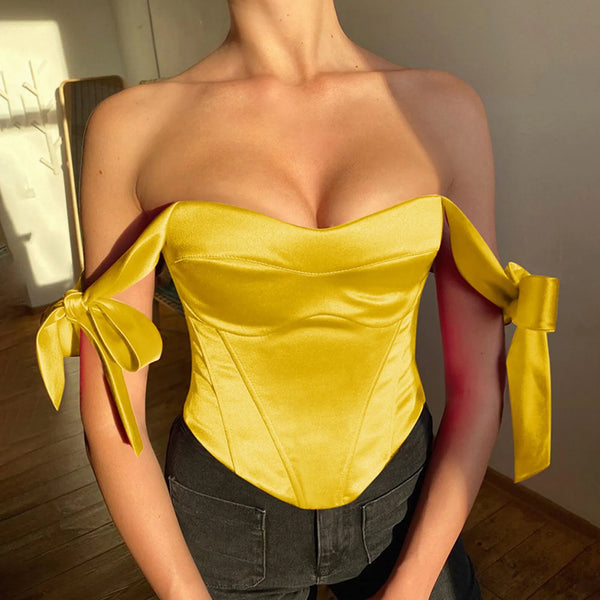 Elegant Satin Bow Tie Corset Top For Women Summer 2024 Sleeveless Backless Club Party Sexy Crop Y2K Tank Shirt Clothes T-Shirt